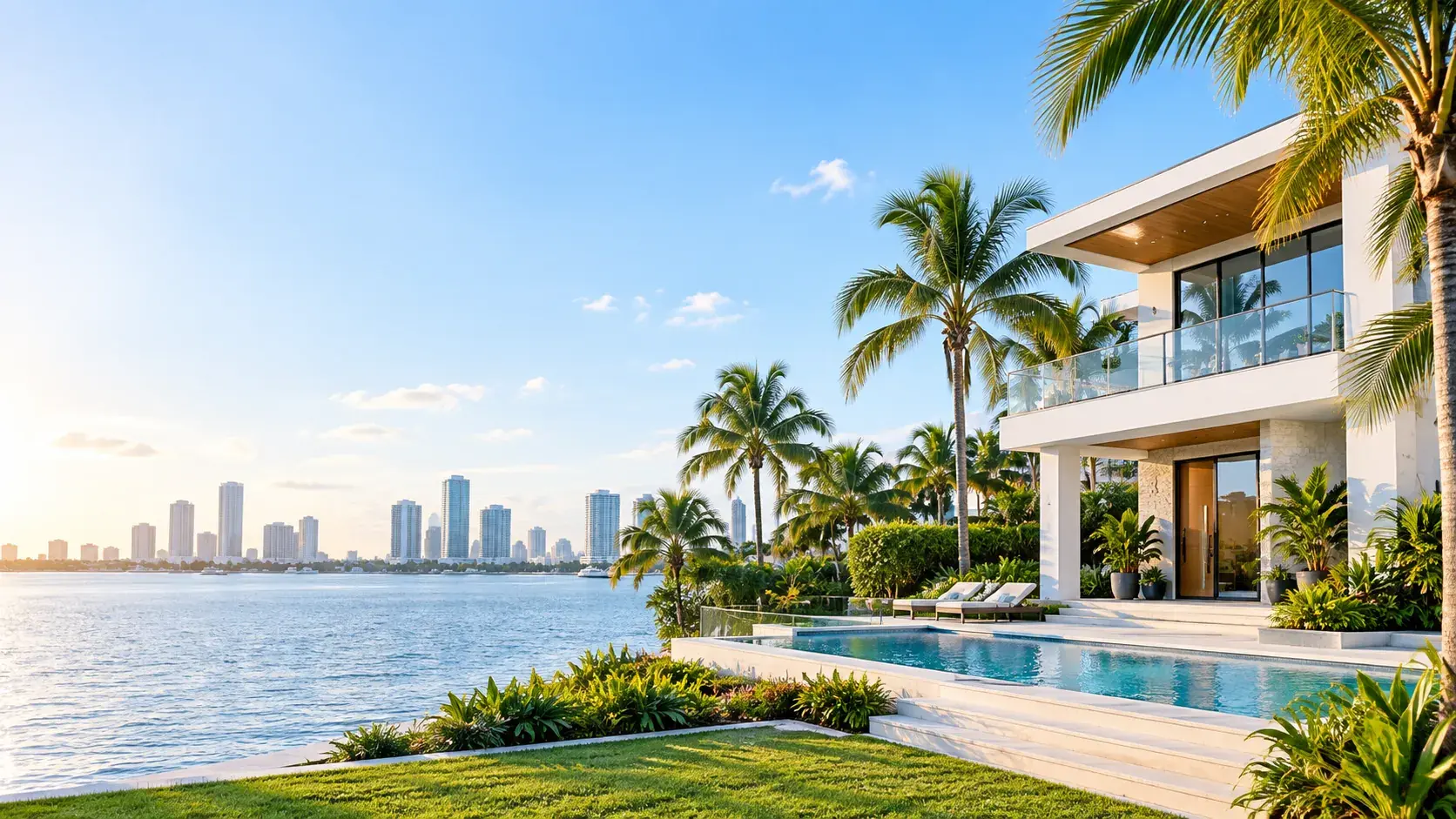 A modern South Florida waterfront home with a pool, palm trees, and the Miami skyline in the background